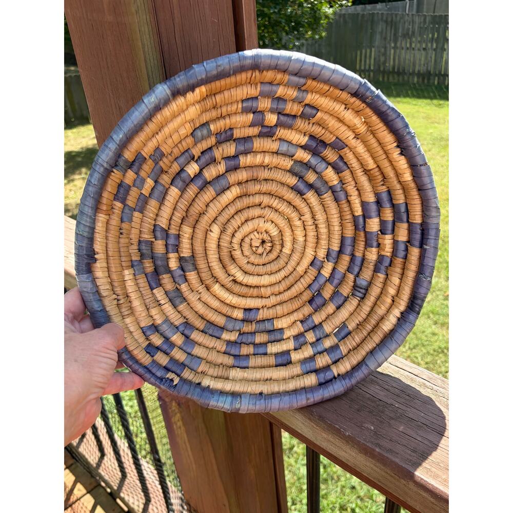 Vintage Southwest Coiled Basket Bowl 13" Large Woven Geometric Wall Decor Blue
